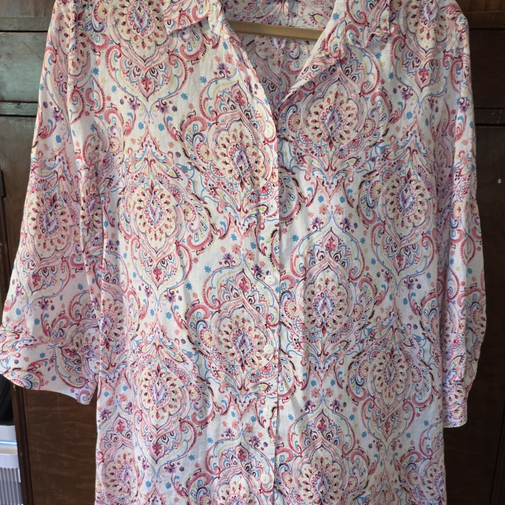 Chico's‎ Pink and Blue Notched Collar 3/4 Sleeve Blouse